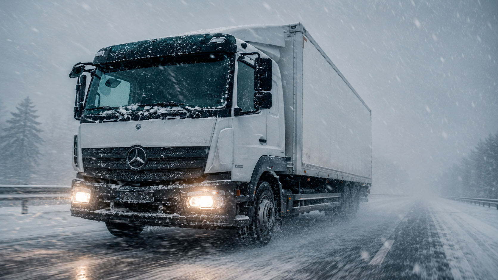 Грузовой Mercedes-Benz Atego выполняет рейс по зимней дороге во время снегопада